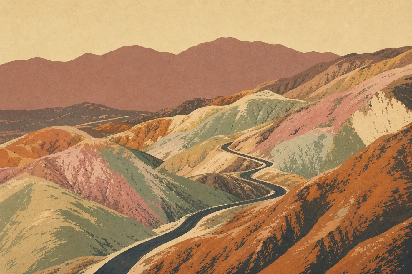 Illustration sérigraphiée : Courbes roses, vertes et ocre d'Artists Palette traversées par la route étroite d'Artists Drive