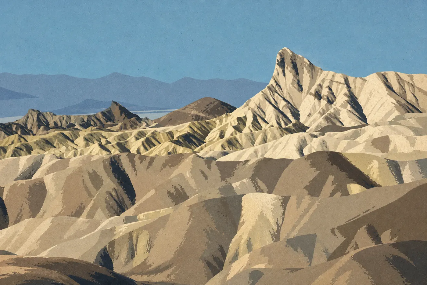 Screen-printed illustration: Zabriskie Point badlands in soft autumn light beneath a perfectly clear blue sky