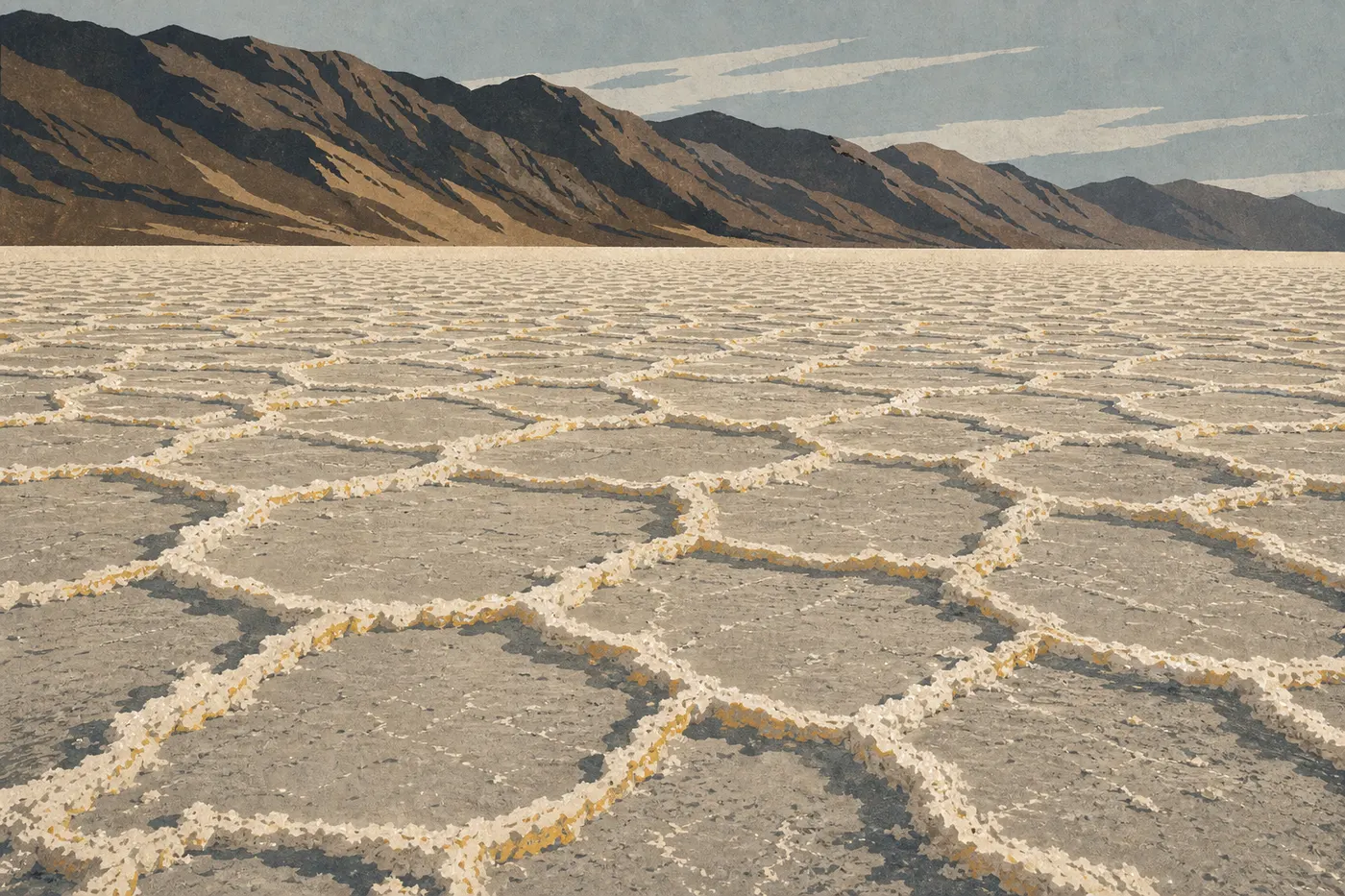 Illustration sérigraphiée : Polygones de sel blanc de Badwater Basin, montagnes sombres et lumière rasante sur le point le plus bas