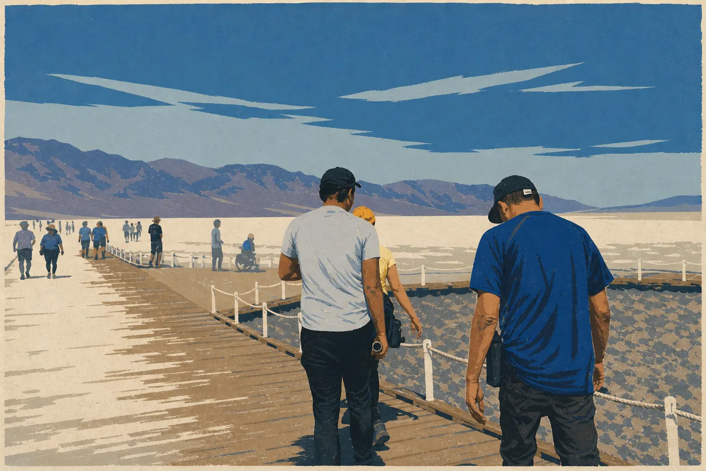 Illustration sérigraphiée : Famille avançant sur la passerelle accessible de Badwater Basin face à l'immense plaine saline blanche