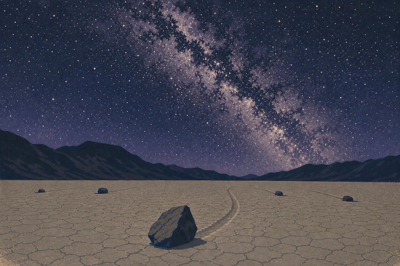 Illustration sérigraphiée : Voie lactée arquée au-dessus des rochers mobiles de Racetrack Playa dans un ciel nocturne parfaitement sombre