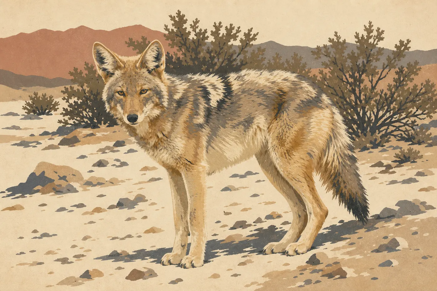 Illustration sérigraphiée : Coyote solitaire marchant parmi les buissons de créosote sur le fond clair et aride de Death Valley