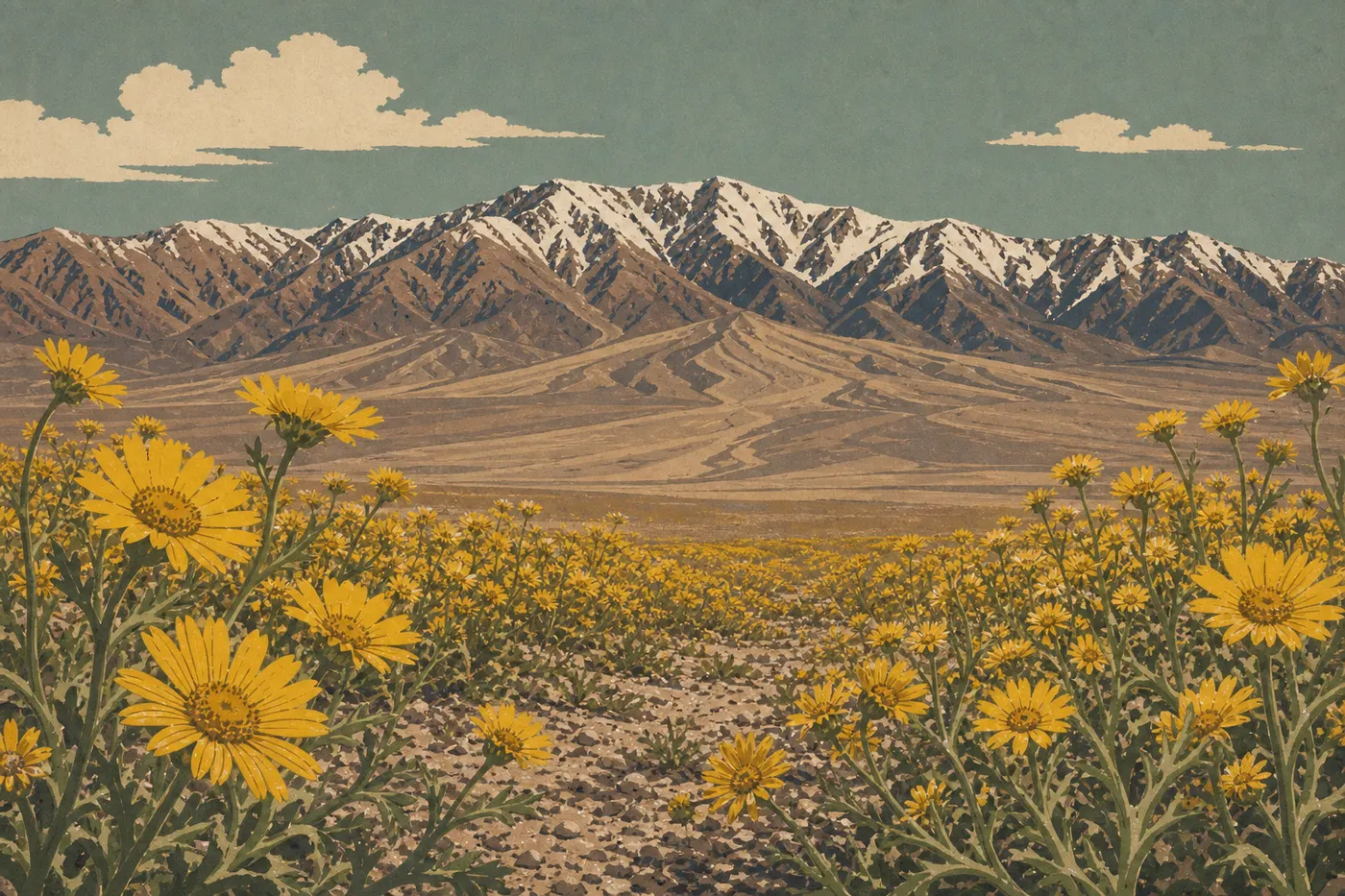 Illustration sérigraphiée : Tapis printanier de desert gold encadrant les montagnes enneigées au-dessus de la vallée habituellement aride