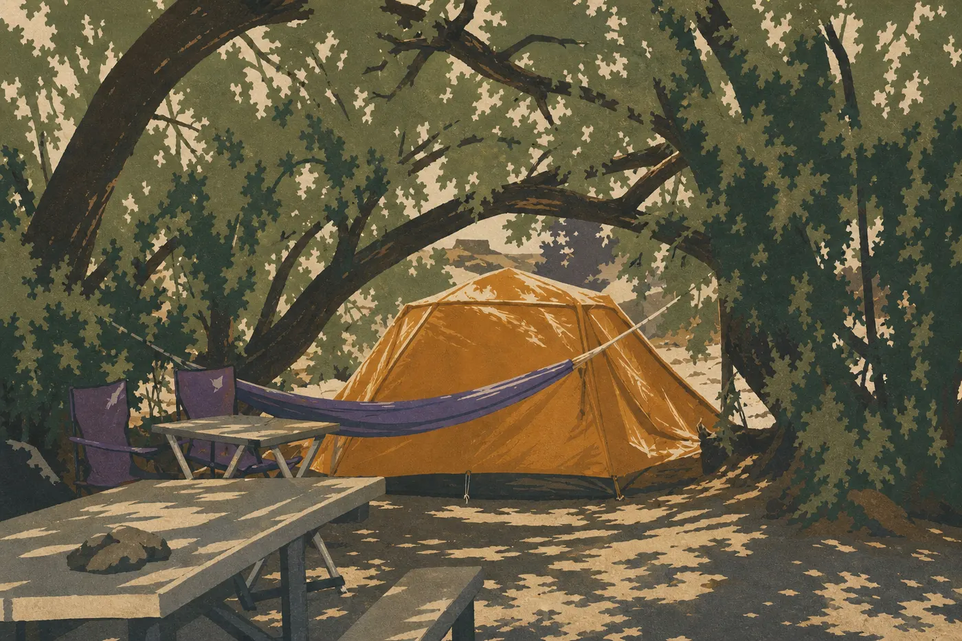 Illustration sérigraphiée : Tentes et tables du Furnace Creek Campground sous les tamaris, avec reliefs désertiques en arrière-plan