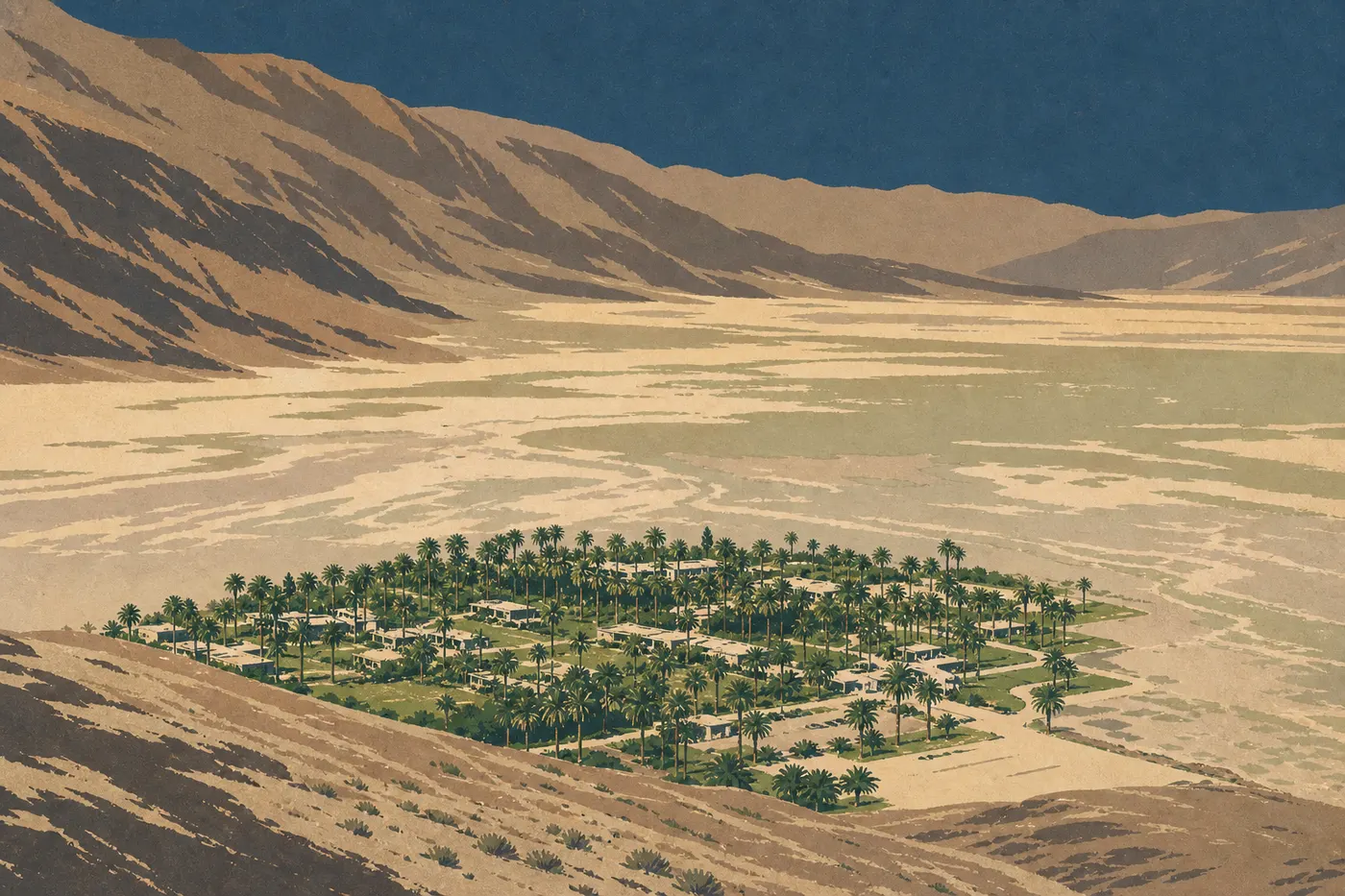 Illustration sérigraphiée : Palmiers et bâtiments de Furnace Creek formant une oasis verte au centre de l'immense vallée minérale