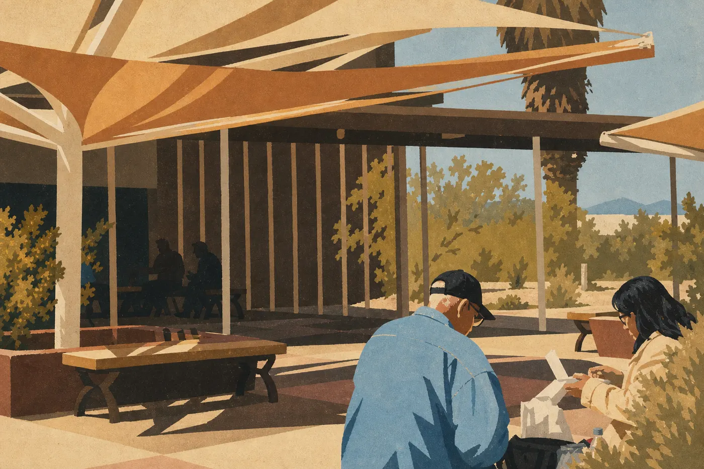 Illustration sérigraphiée : Tables ombragées de l'aire de pique-nique du Furnace Creek Visitor Center sous le soleil désertique