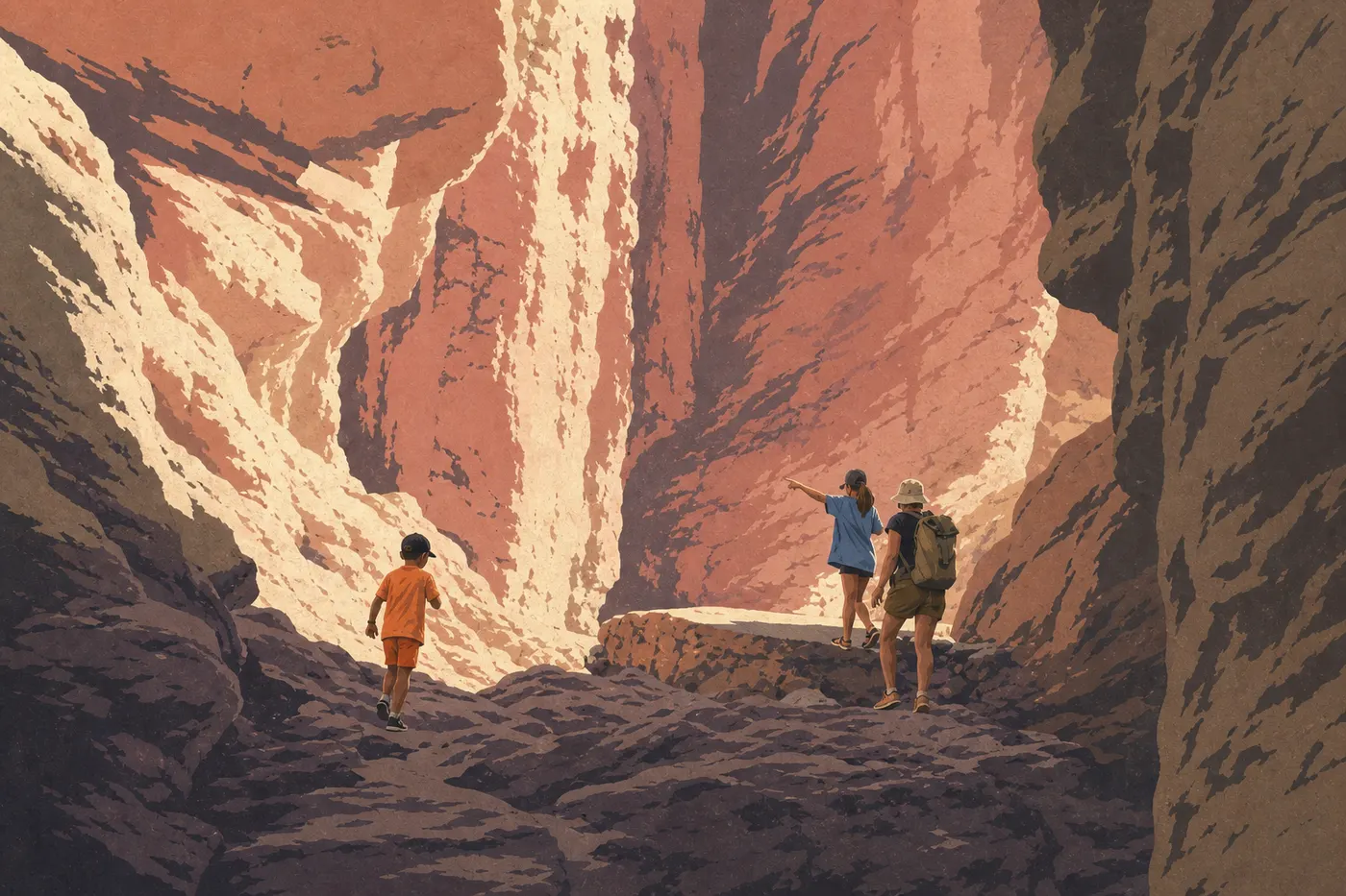 Illustration sérigraphiée : Randonneurs dans les parois dorées de Golden Canyon, progressant vers les formations sculptées de Red Cathedral