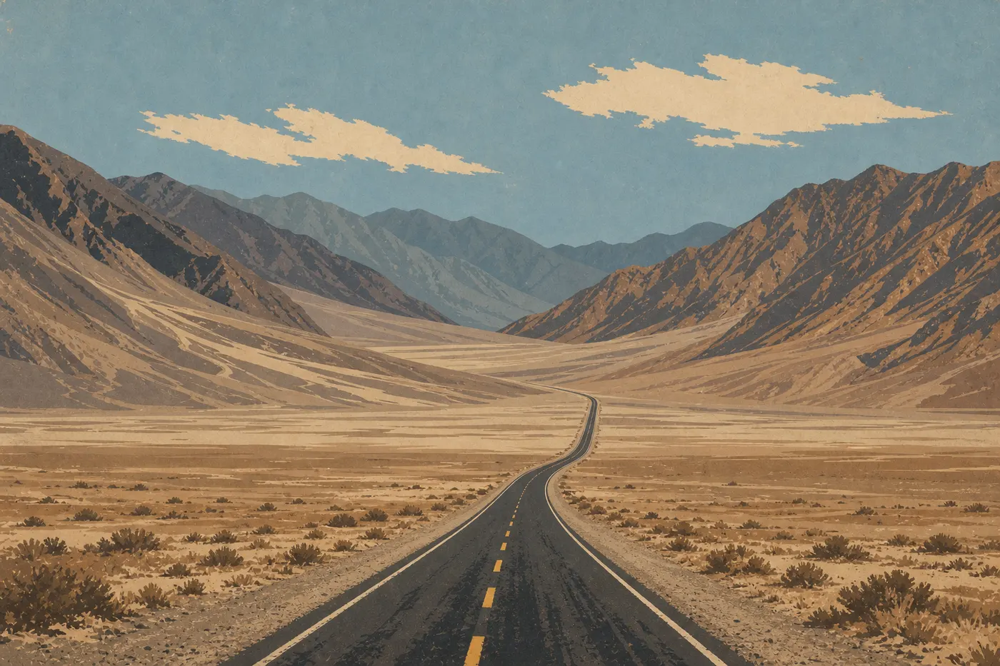 Illustration sérigraphiée : Ruban de la Highway 190 franchissant l'entrée de Death Valley entre désert ouvert et montagnes arides