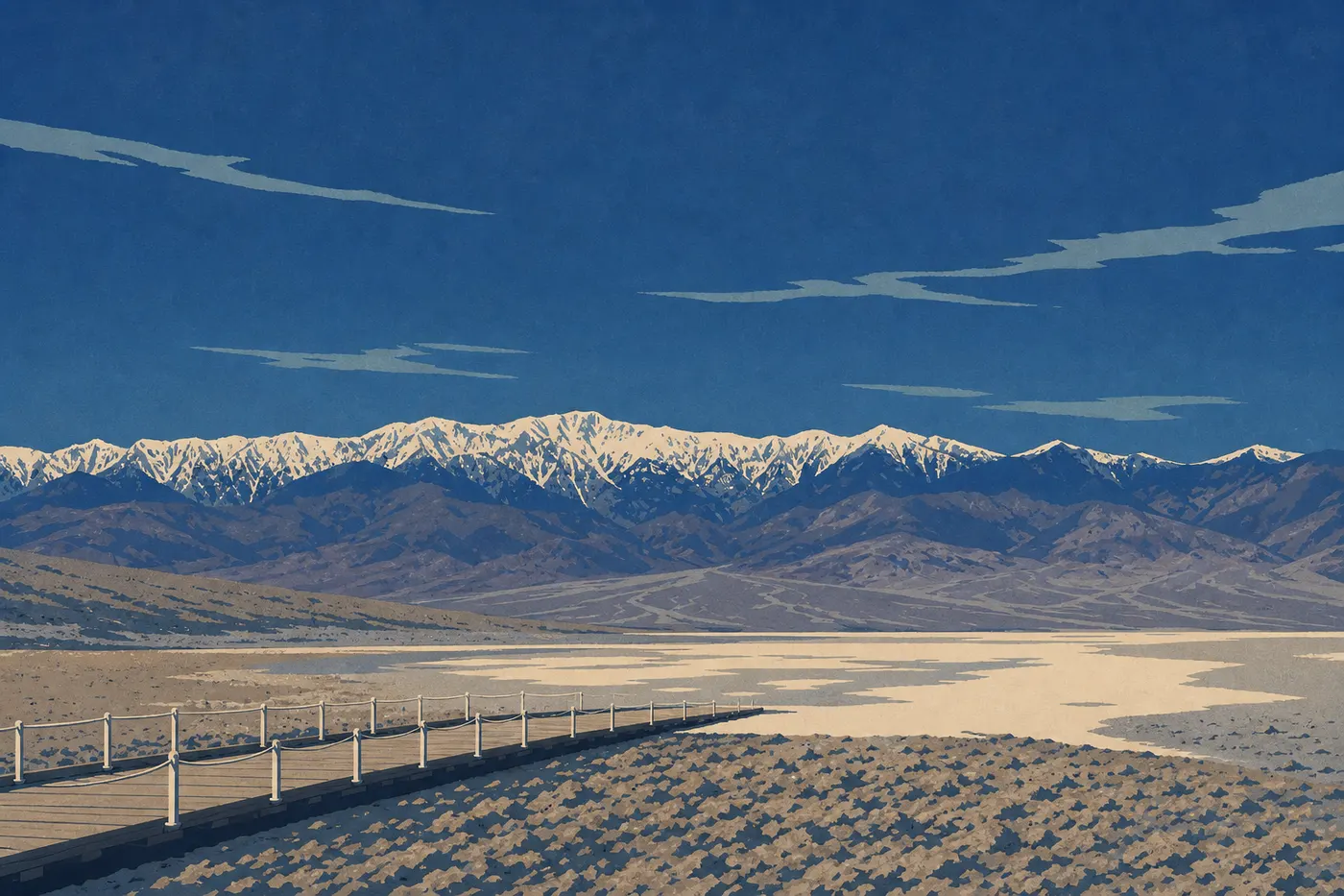 Screen-printed illustration: Snow-covered Panamint Mountains above the bright salt flats of Badwater Basin on a winter morning.