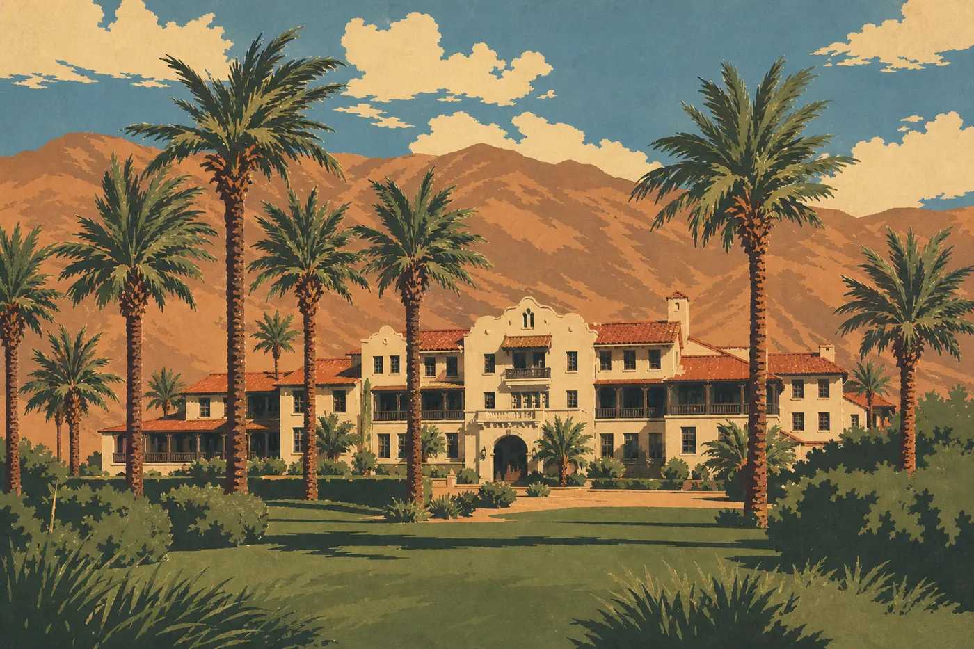 Illustration sérigraphiée : Façade historique de The Inn at Death Valley entourée de palmiers dans l'oasis de Furnace Creek
