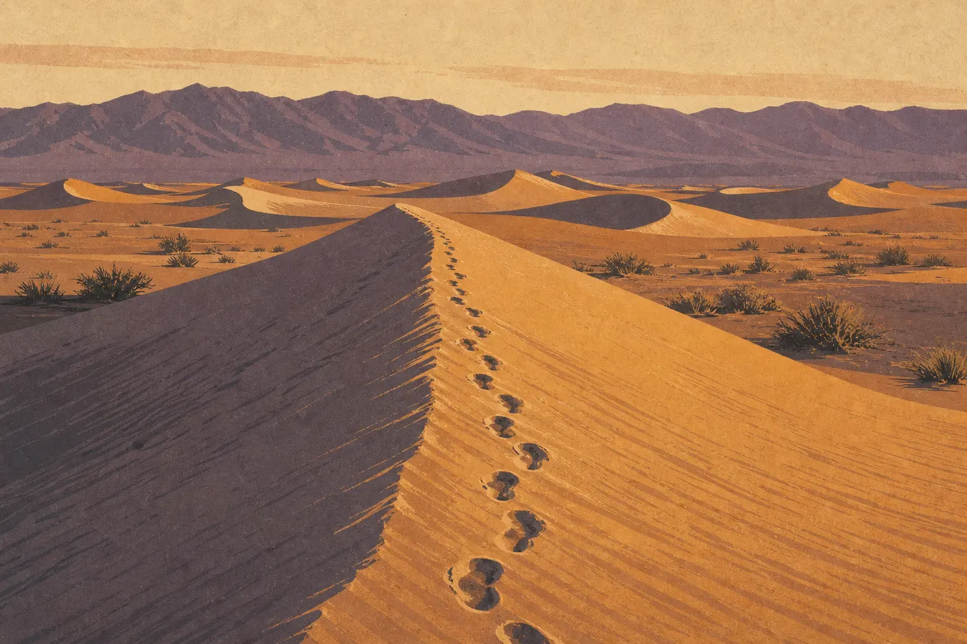 Illustration sérigraphiée : Crêtes dorées des Mesquite Flat Sand Dunes avec traces de pas et montagnes violettes au couchant
