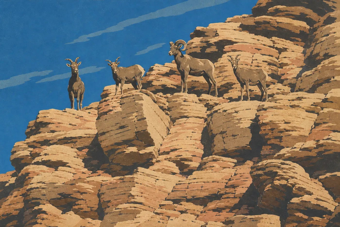 Illustration sérigraphiée : Mouflon du désert debout sur une crête rocheuse des montagnes de Death Valley au lever du jour
