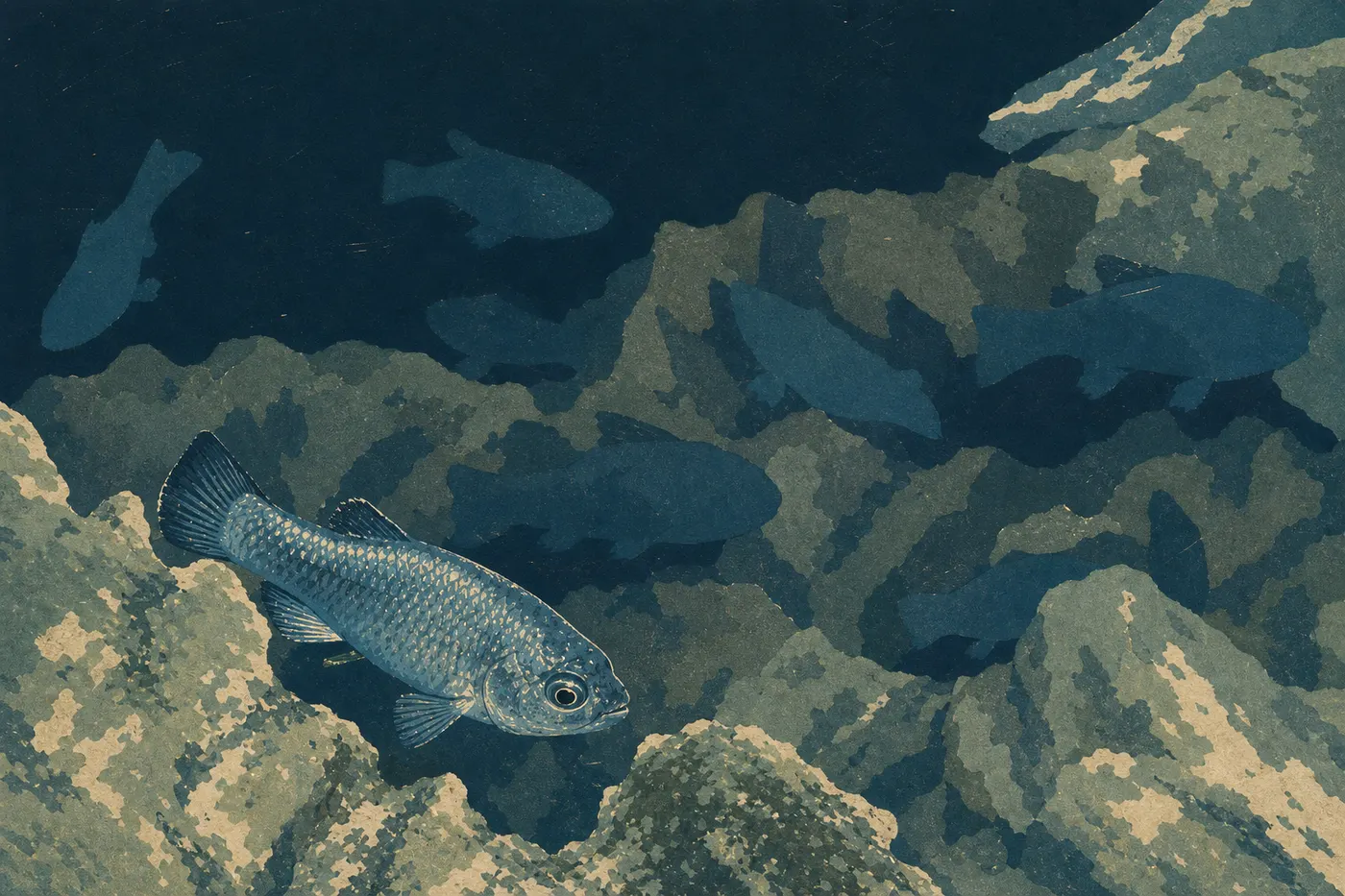 Illustration sérigraphiée : Pupfish de Devil's Hole visible dans l'eau bleue de son habitat rocheux extrêmement restreint