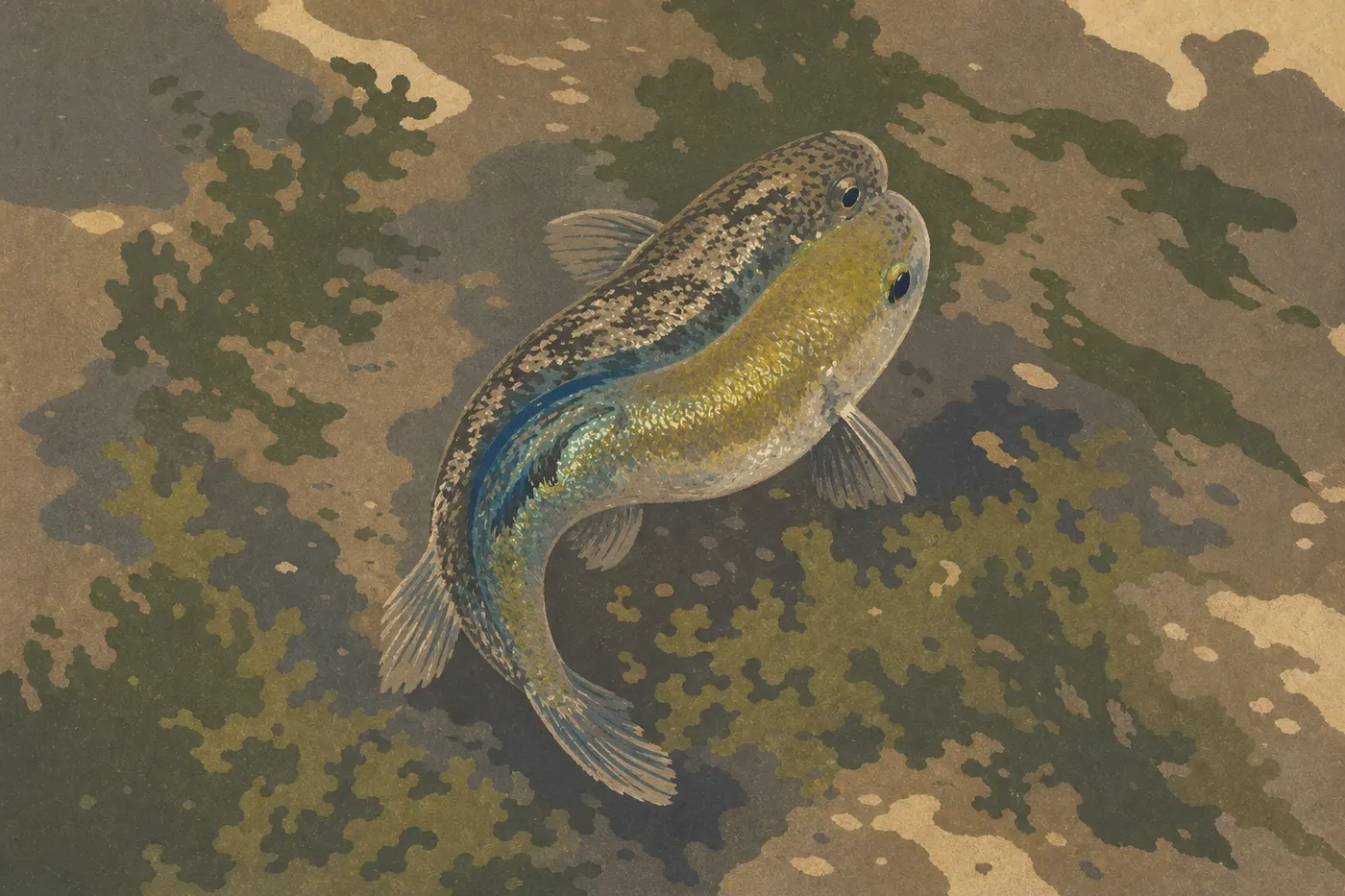 Illustration sérigraphiée : Petit pupfish de Salt Creek nageant dans l'eau peu profonde entre les algues de cette oasis saline