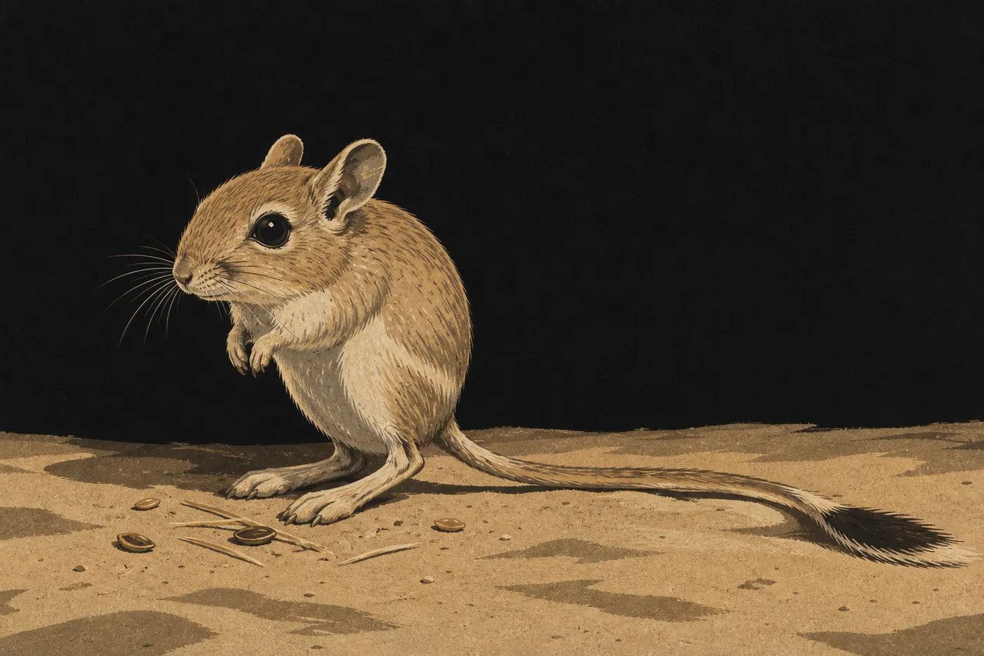 Illustration sérigraphiée : Rat kangourou du désert dressé sur le sable nocturne, longue queue visible entre quelques graines sèches