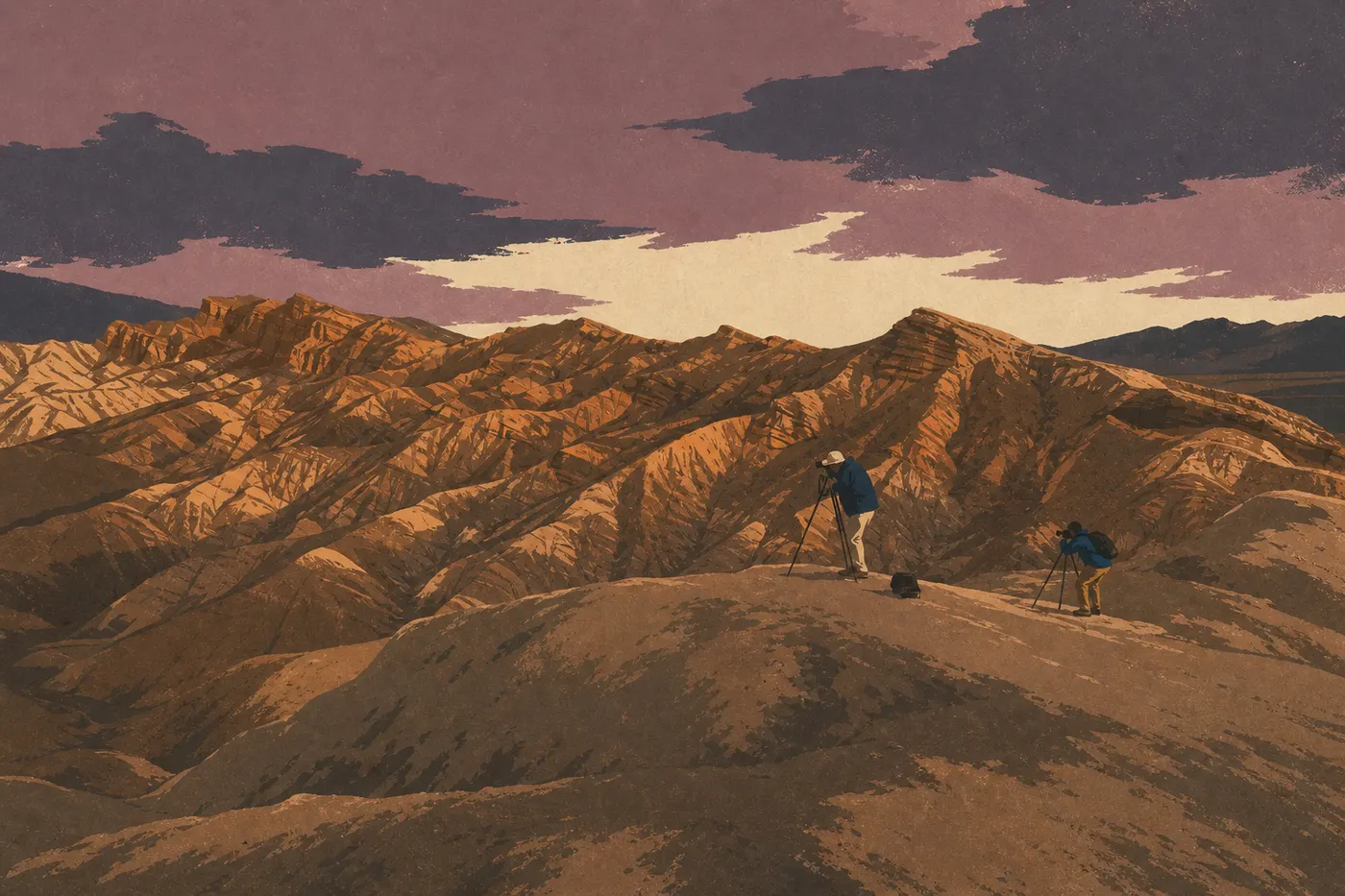 Illustration sérigraphiée : Nuages d'orage spectaculaires au-dessus des badlands striés de Zabriskie Point sous une lumière jaune dramatique