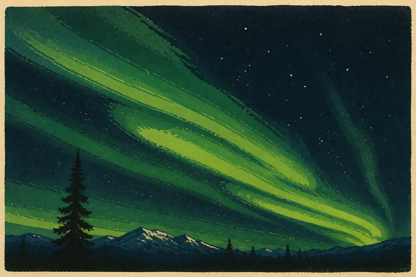 Illustration sérigraphiée : Une aurore boréale verte ondule au-dessus de la taïga enneigée et des montagnes de Denali.