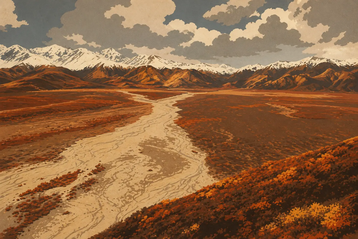 Illustration sérigraphiée : La toundra rouge et dorée de Polychrome Pass s'étend sous les sommets saupoudrés de neige.