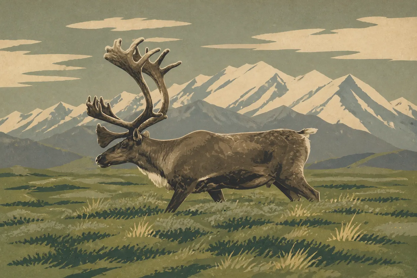 Illustration sérigraphiée : Un caribou mâle aux grands bois se tient sur la toundra ouverte devant les montagnes de Denali.