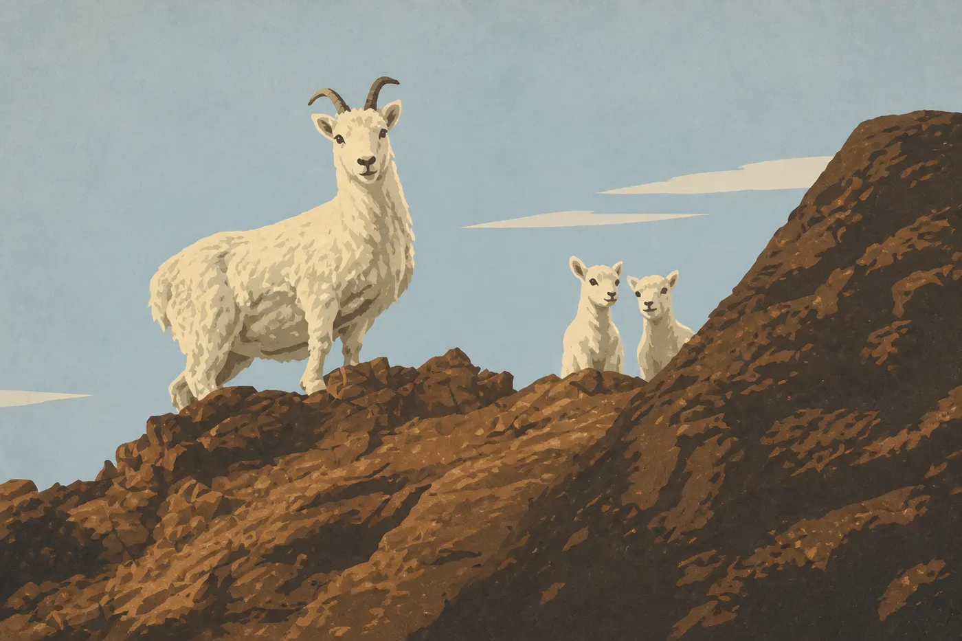Screen-printed illustration: A white Dall sheep stands out on a steep rocky ridge in the Alaska Range.