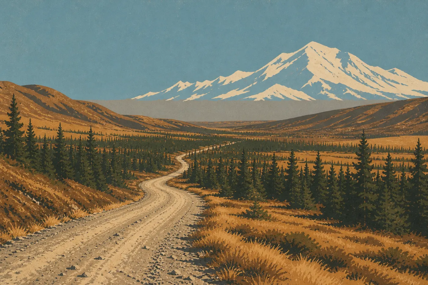 Illustration sérigraphiée : Le panneau d'entrée de Denali se dresse près de la Parks Highway devant la forêt d'épicéas.