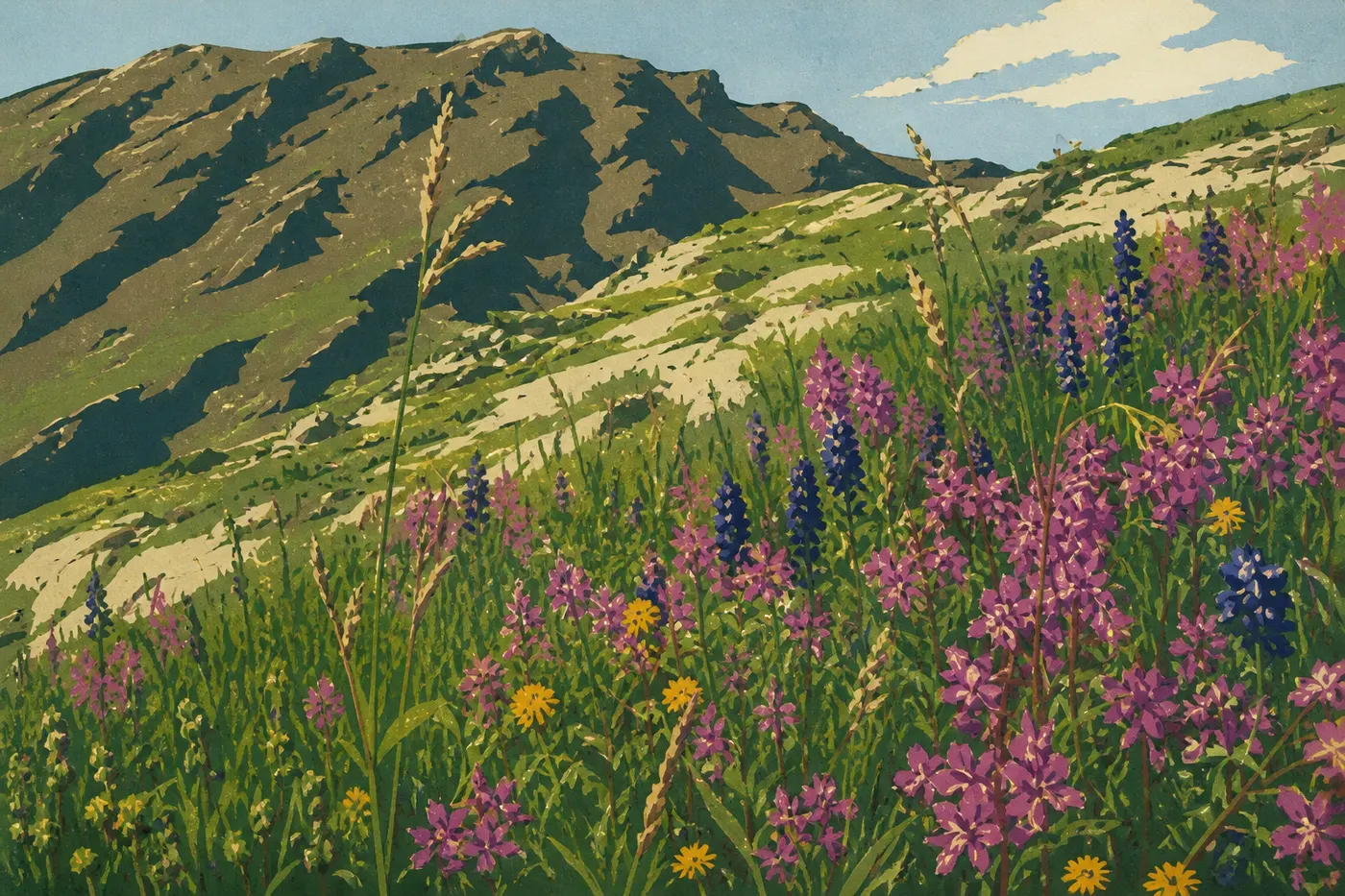 Screen-printed illustration: Wildflowers color Denali's summer tundra in the long light beneath a clear sky.