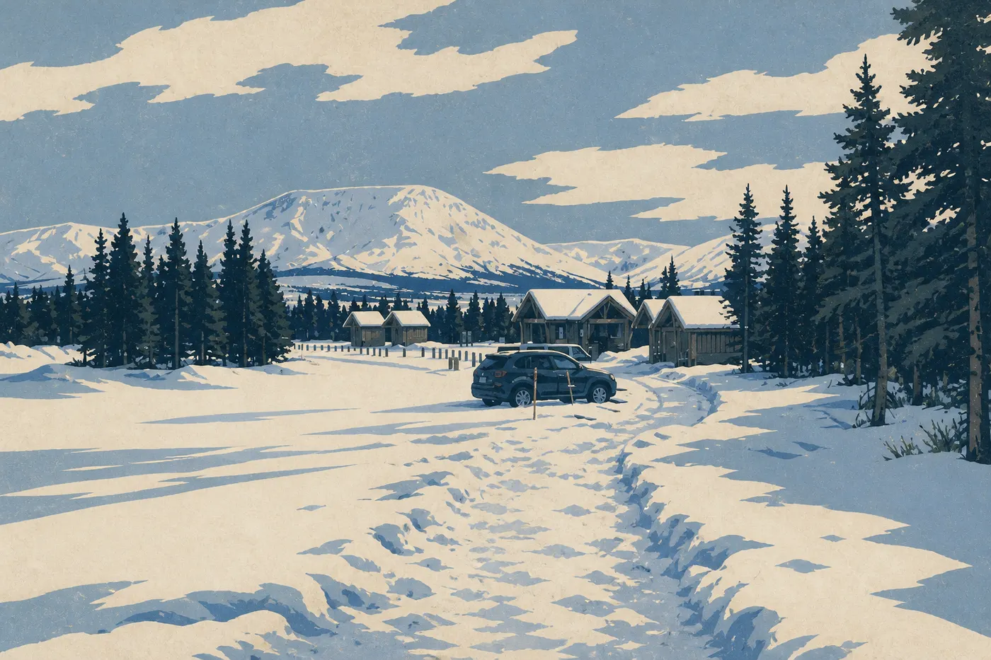 Screen-printed illustration: Denali Park Road disappears beneath the snow between frosted spruces and pale mountains.