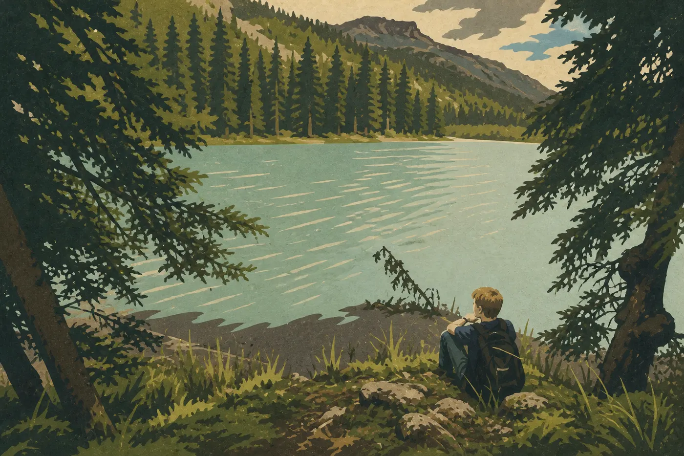 Screen-printed illustration: Visitors follow the forested trail along Horseshoe Lake, with the lake and mountains in the background.
