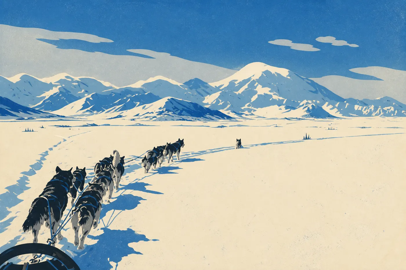 Illustration sérigraphiée : Une équipe de chiens de traîneau du parc file sur une piste enneigée entre les épicéas.