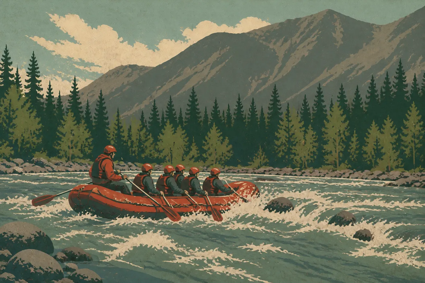 Illustration sérigraphiée : Un raft chargé de visiteurs franchit les rapides de la Nenana River au pied des versants boisés.