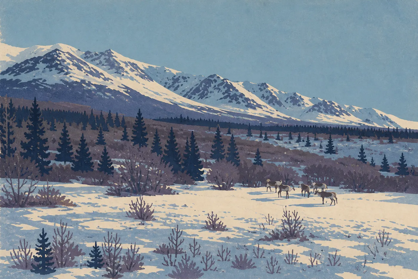 Screen-printed illustration: Spring tundra reappears around Savage River while the peaks remain snow-covered.
