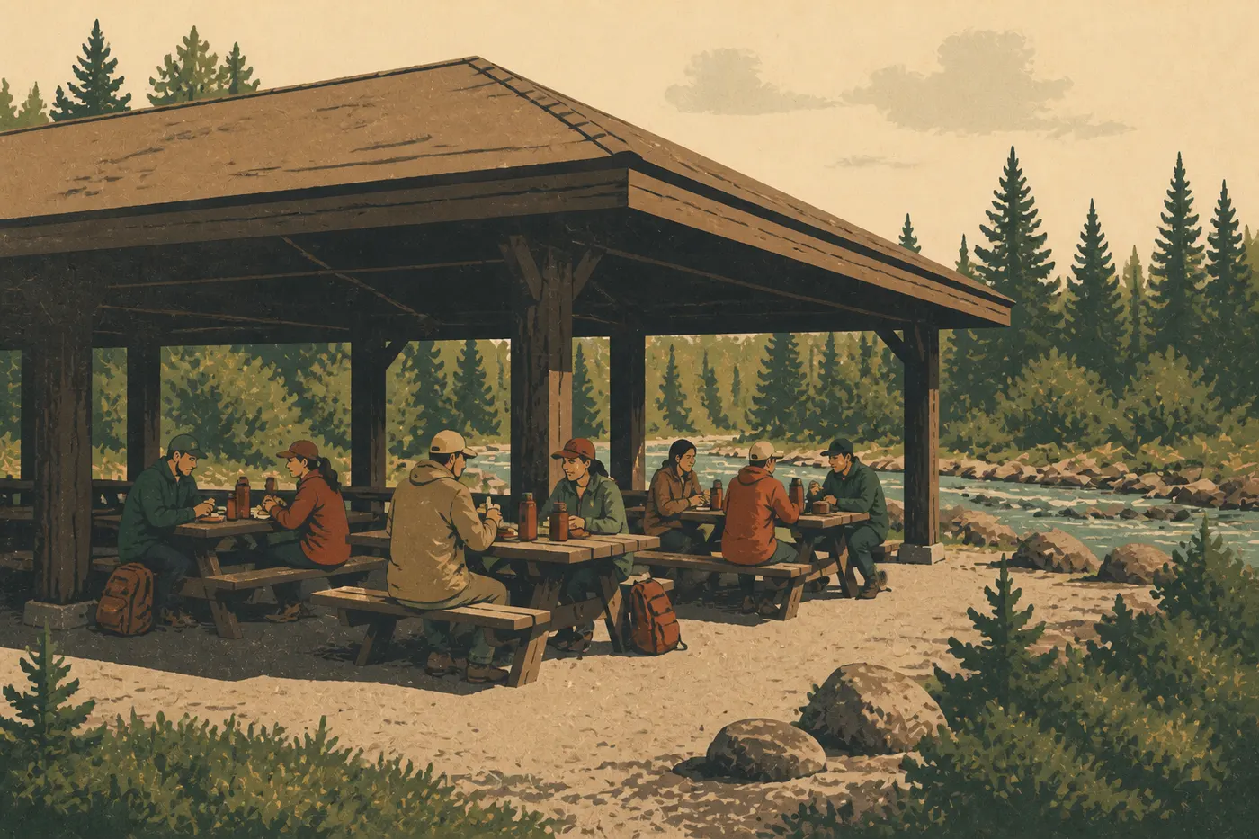 Illustration sérigraphiée : Des visiteurs déjeunent sous un abri à tables du Riley Creek Day Use Area, près du ruisseau.