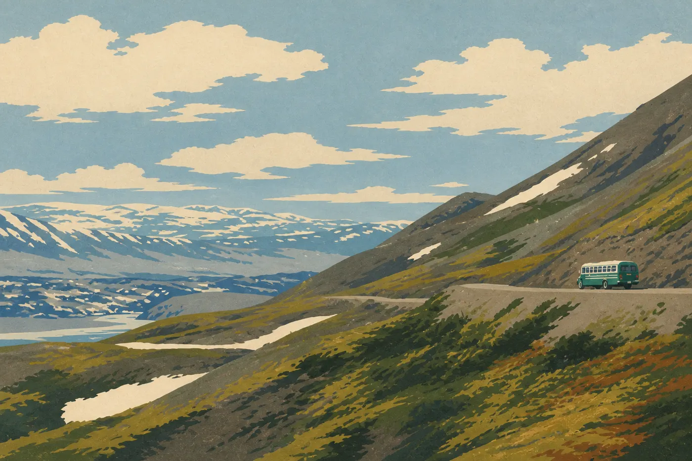 Illustration sérigraphiée : Un bus vert parcourt la Denali Park Road parmi la toundra colorée et les reliefs de Polychrome Pass.