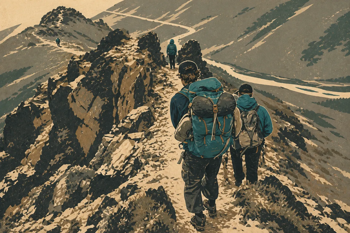 Illustration sérigraphiée : Des randonneurs suivent le Savage Alpine Trail sur une crête dominant la rivière et la toundra.