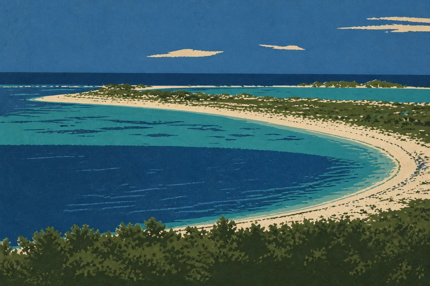 Screen-printed illustration: Wild Bush Key beach reopened in the fall, bordered by low vegetation and coral debris.