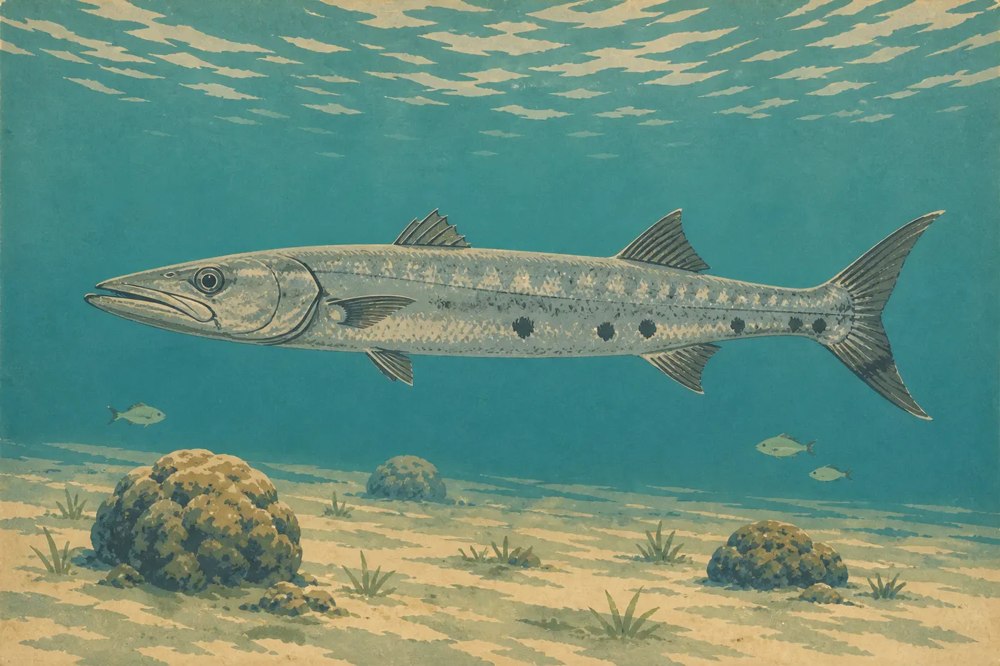 Screen-printed illustration: Large silver barracuda resting near a shallow reef in the waters around Garden Key