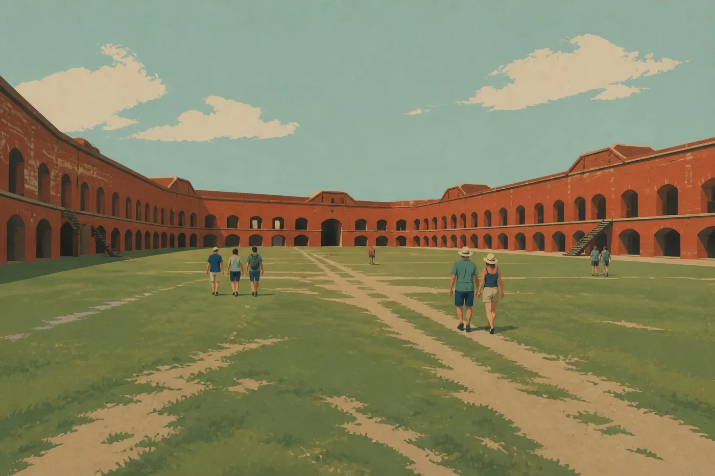 Illustration sérigraphiée : Visiteurs traversant la vaste cour herbeuse de Fort Jefferson entre les façades de briques historiques