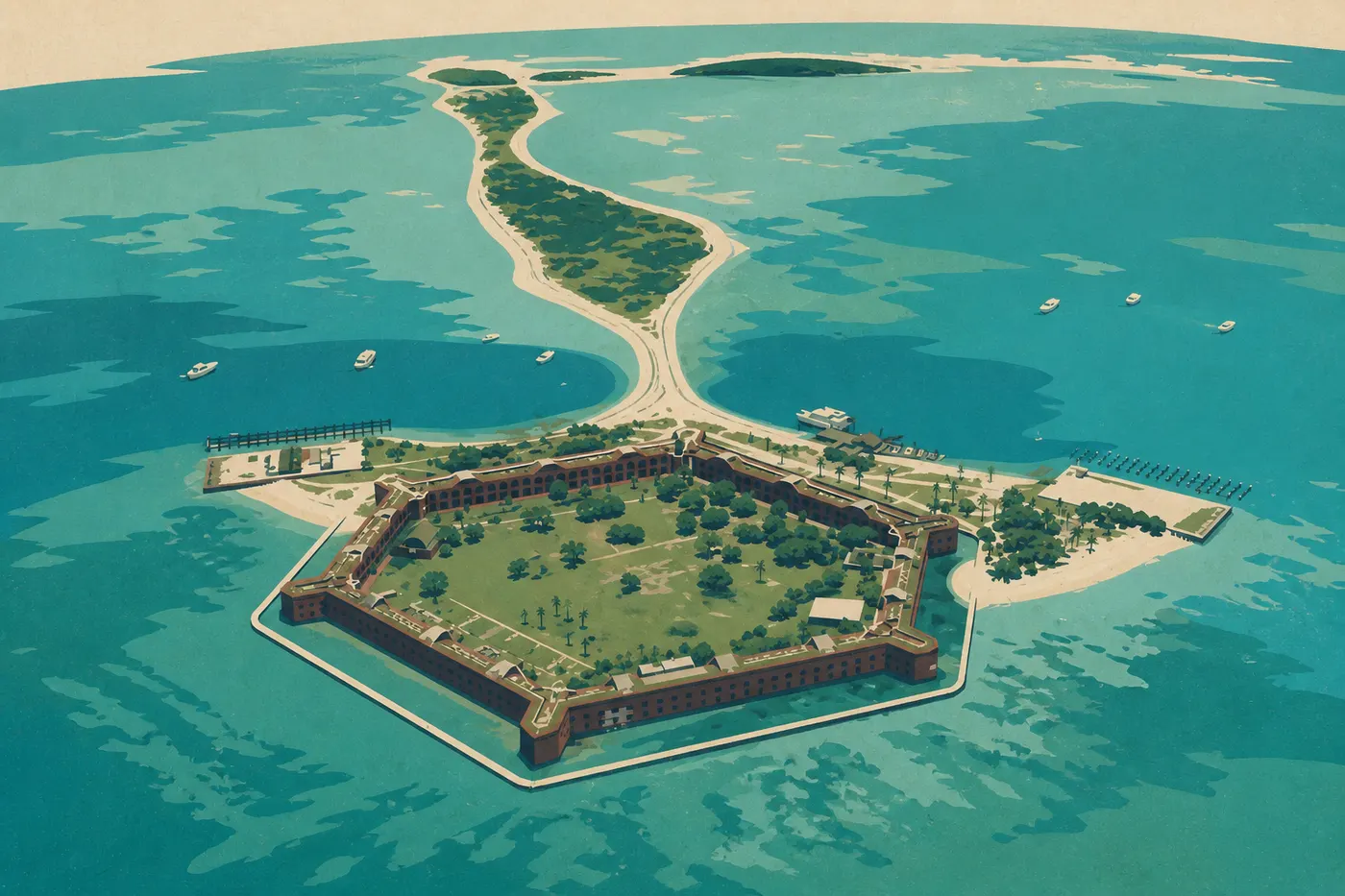 Screen-printed illustration: Calm, clear summer water in front of South Beach and the brick walls of Fort Jefferson.