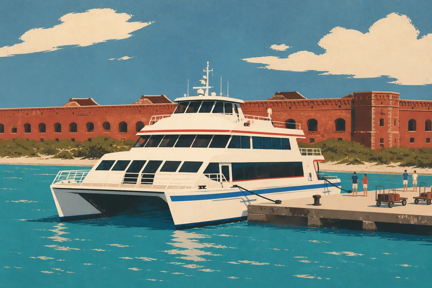 Illustration sérigraphiée : Ferry Yankee Freedom accosté au quai de Garden Key devant les remparts de Fort Jefferson