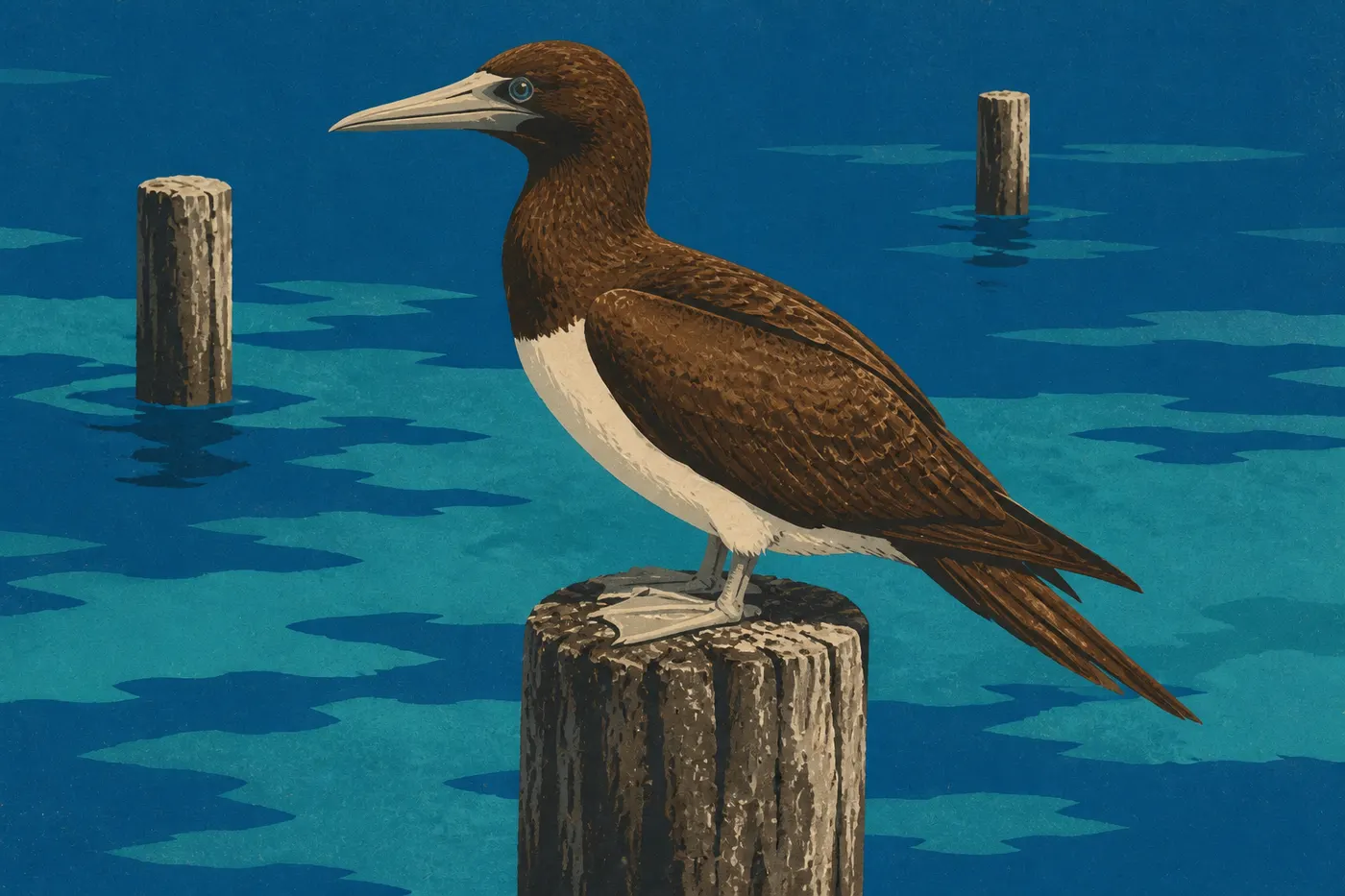 Screen-printed illustration: Brown Booby perched on a remnant of a dock above the blue waters of Dry Tortugas
