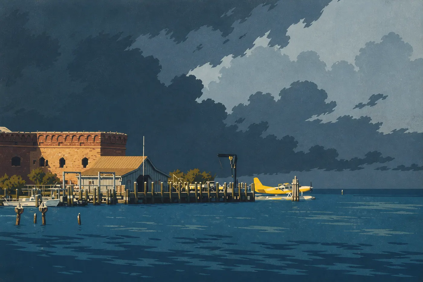 Illustration sérigraphiée : Nuages d'orage estivaux assombrissant Garden Key tandis que Fort Jefferson reste éclairé au-dessus de la mer
