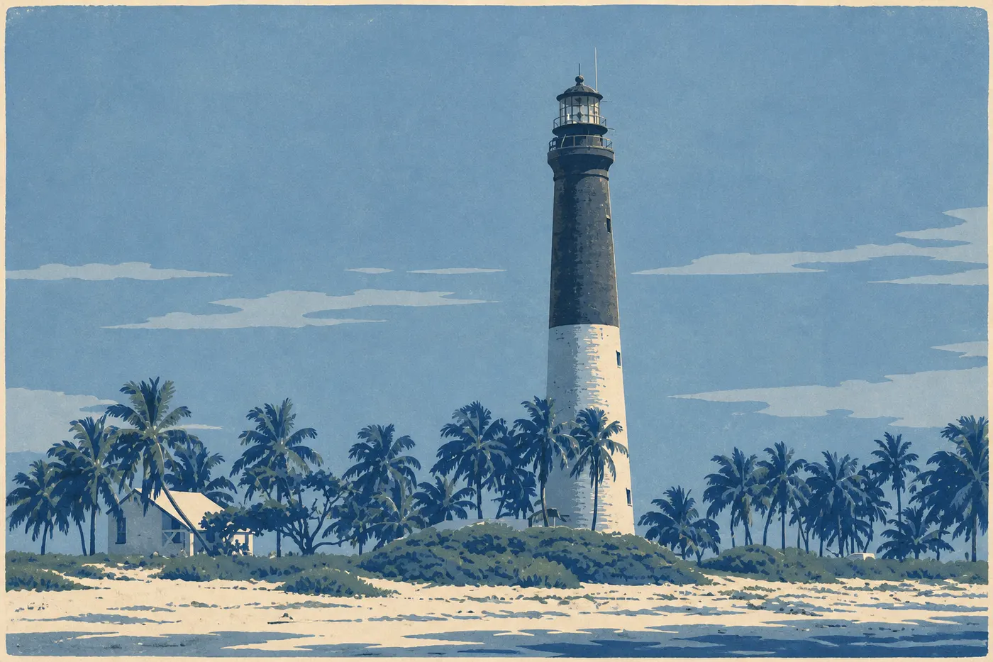 Illustration sérigraphiée : Phare historique de Loggerhead Key dominant la végétation basse, la plage corallienne et le golfe du Mexique