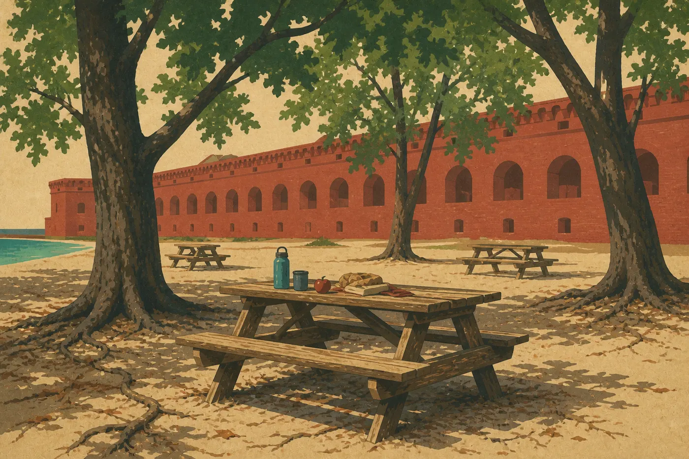 Illustration sérigraphiée : Tables de pique-nique ombragées de Garden Key disposées près du camping et des remparts historiques