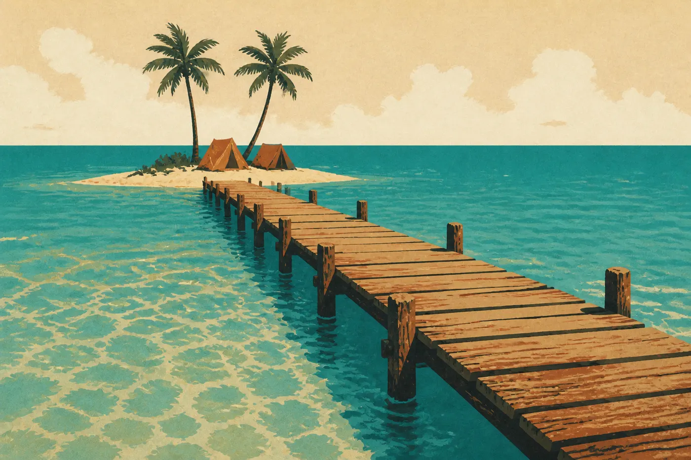 Illustration sérigraphiée : Campeurs transportant leur équipement depuis le quai public de Garden Key près de Fort Jefferson