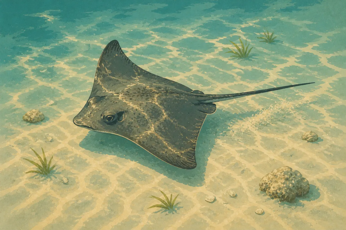 Screen-printed illustration: Tropical stingray gliding over the pale sandy bottom near Garden Key