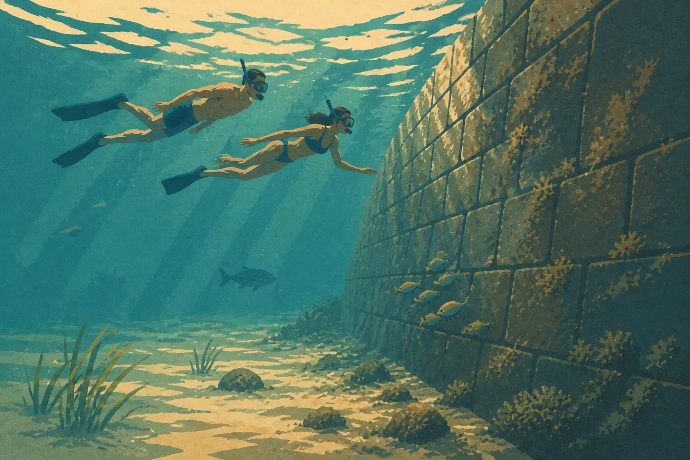 Illustration sérigraphiée : Plongeurs avec masque et tuba explorant les poissons tropicaux le long du mur extérieur des douves