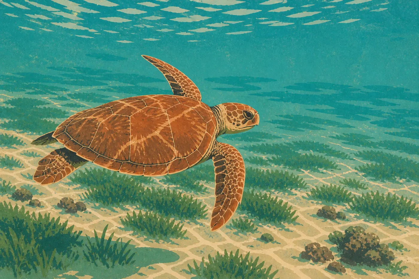 Illustration sérigraphiée : Tortue caouanne nageant au-dessus des herbiers marins dans les eaux claires de Dry Tortugas