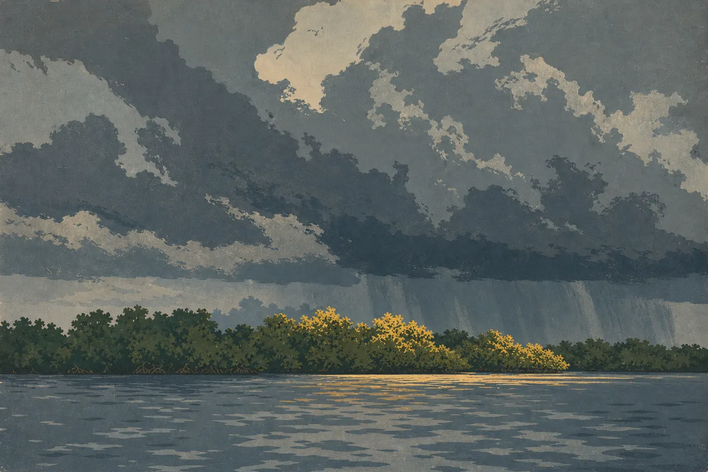 Screen-printed illustration: Autumn light after a storm over the mangroves of Florida Bay, with heavy clouds still on the horizon