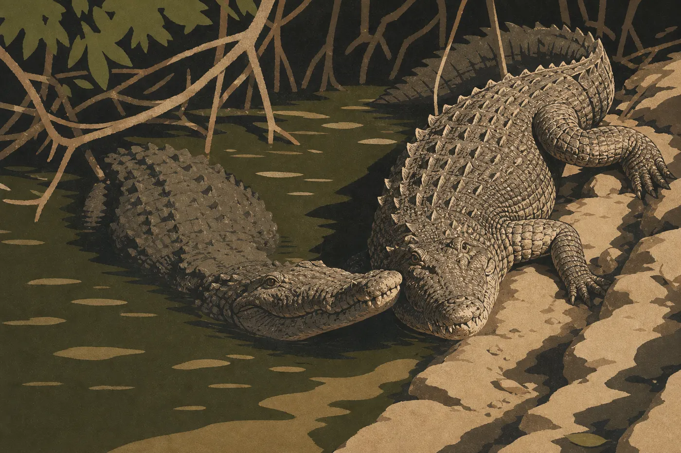 Screen-printed illustration: American crocodile basking on a Flamingo bank, its narrow snout turned toward Florida Bay.