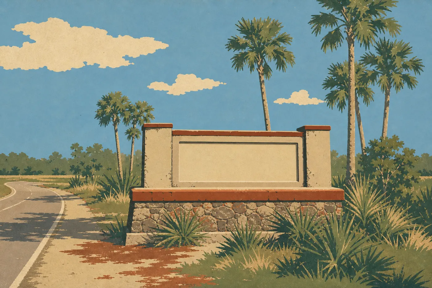 Illustration sérigraphiée : Panneau monumental de l’entrée Ernest F. Coe encadré de palmiers et de végétation subtropicale